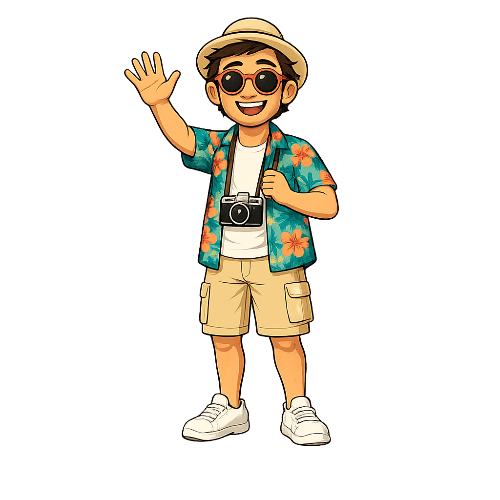 Theo, the Lost Tourist mascot, waving